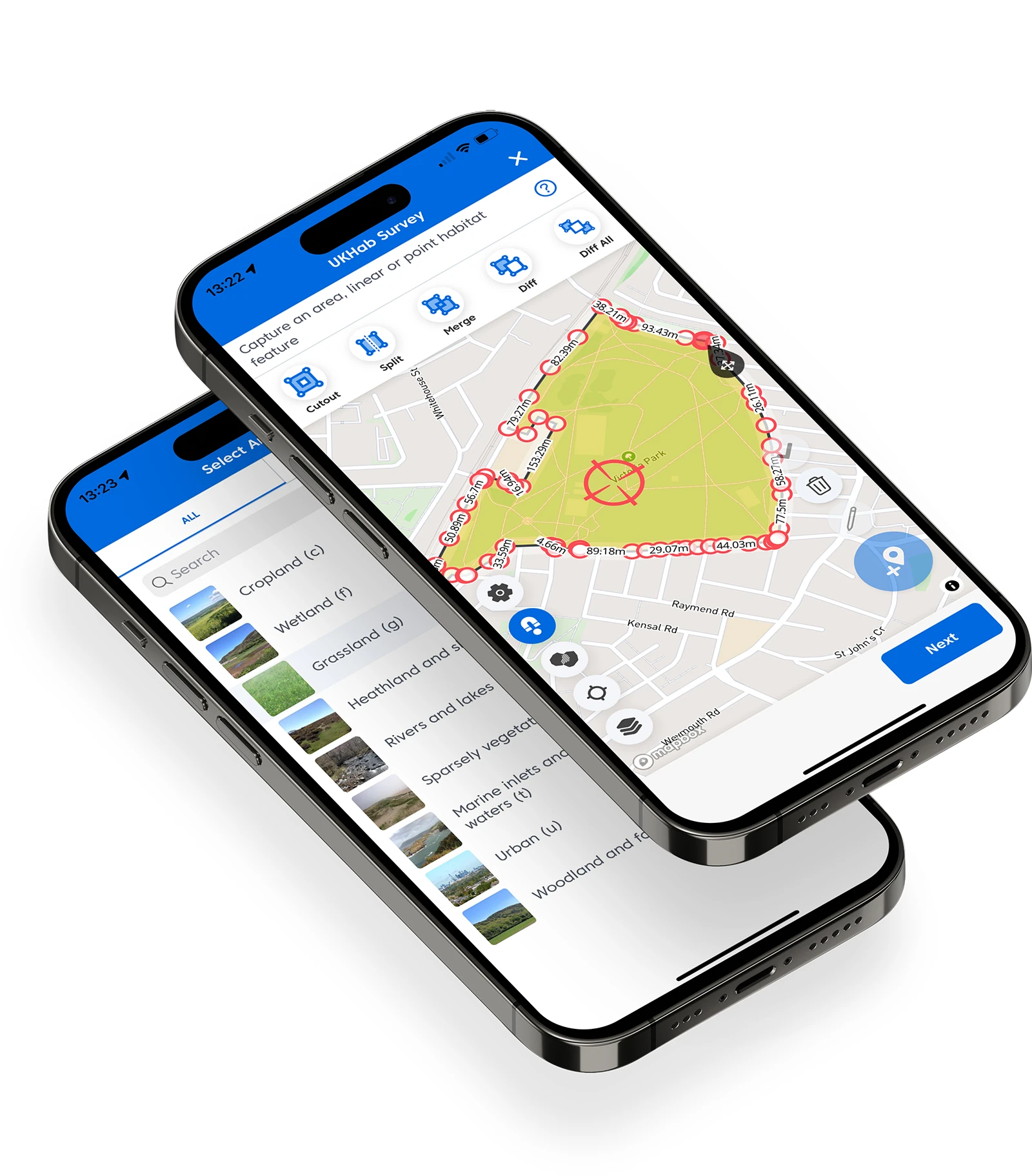 Two mobile phones showing the UKHab survey on Coreo