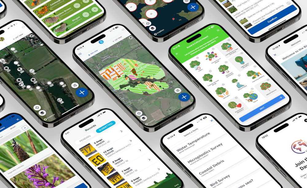 A collection of phones showing different ecological apps including the UKHab survey and citizen science apps