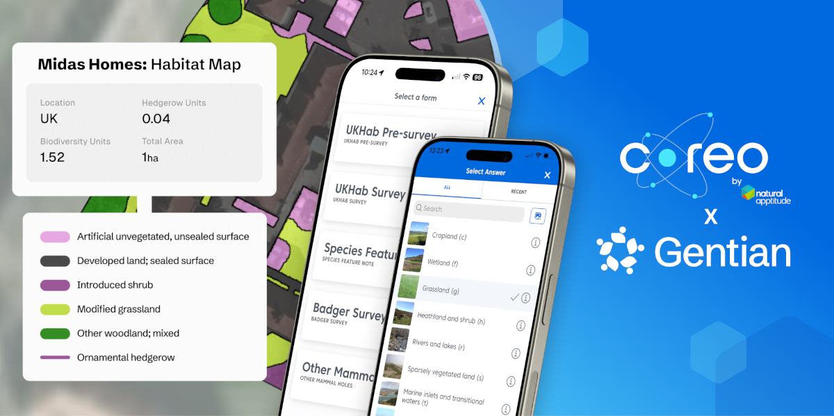 Image showing a satellite map of a development and a UKHab survey in Coreo next to the logos representing the Coreo and Gentian partnership