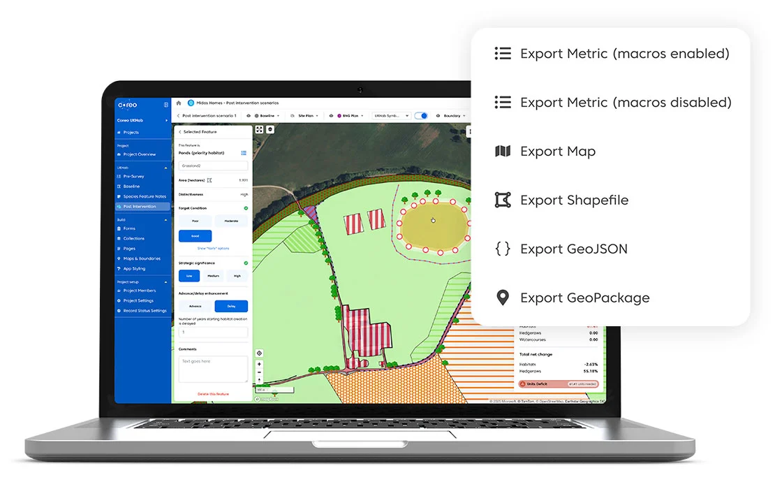 Image of a laptop showing the Coreo post-intervention tool and the section where you can export to the metric