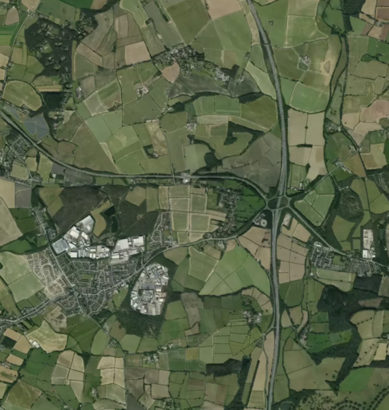 A satellite map showing major roads in the UK