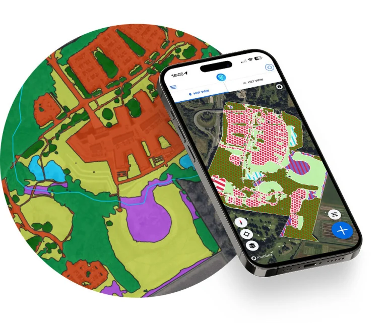 Mobile phone running the Coreo app with map geometry in the background